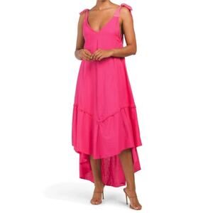 NWT CRISTINA VERGANI Made In Italy Linen Tie Bow Shoulder Tiered Midi Dress